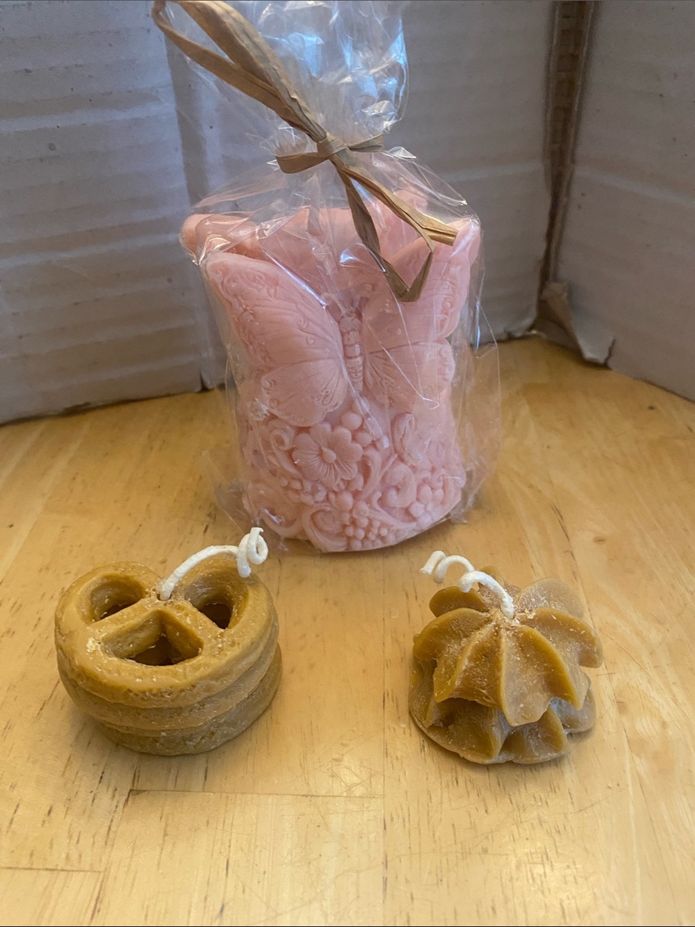 Handcrafted Decorative Candles - Pink Butterfly, tan pretzel & cookie. All new